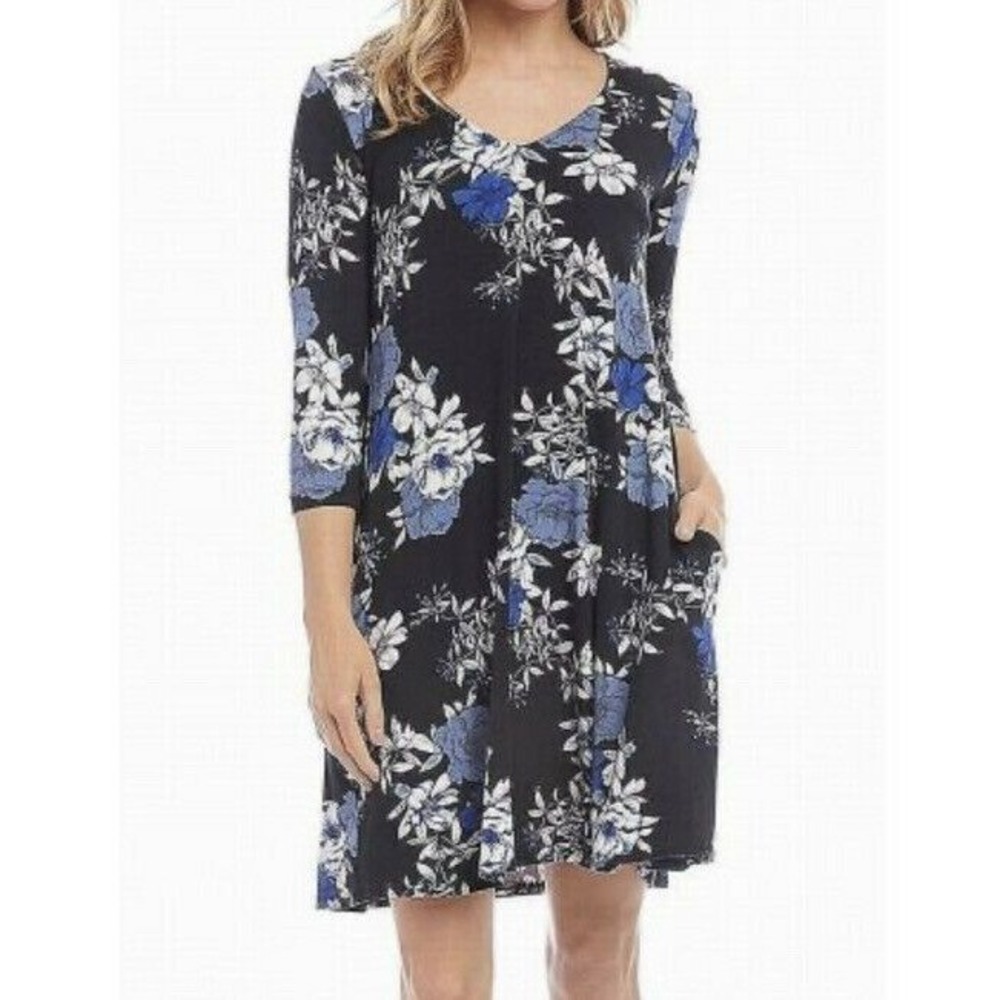 Karen Kane Women Dress Midnight Blue Size Small Shift Floral Elbow Sleeve